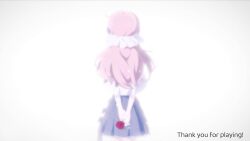  1girl arms_behind_back blue_skirt english_text facing_away flower game_asset hair_ribbon highres holding holding_flower long_hair non-web_source pink_hair ribbon self-datamine shiro_(the_seven_days_i_spent_with_you) shirt simple_background skirt solo the_seven_days_i_spent_with_you variant_set white_background white_ribbon white_shirt 