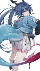  1girl arknights arknights:_endfield black_gloves blue_gloves blue_hair blue_jacket blue_tail chen_qianyu_(arknights) commentary_request dragon_girl dragon_horns dragon_tail eastern_dragon_horns eastern_dragon_tail gloves hair_between_eyes highres horns jacket kamameshi_gougoumaru long_hair long_sleeves looking_at_viewer looking_back multicolored_gloves simple_background skirt solo tail two-sided_gloves two-tone_gloves white_background white_skirt 
