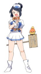  1girl alternate_costume bettie_(pokemon) black_hair boots english_text full_body highres holding holding_sign index_finger_raised normal_(n0mal_) open_mouth pokemon pokemon_(creature) pokemon_masters_ex sign simple_background skirt smile torchic white_background white_boots white_skirt 
