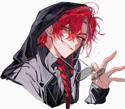  1boy alternate_costume black_jacket black_shirt braid braided_ponytail commentary_request earrings eyeliner fang grin hair_between_eyes hair_over_shoulder holding holding_removed_eyewear hood hood_up hooded_jacket jacket jewelry long_hair long_sleeves looking_at_viewer makeup male_focus necklace red_eyeliner red_eyes red_hair round_eyewear shiguang_dailiren shirt simple_background single_braid single_earring sleeves_past_wrists smile solo sunglasses tassel tassel_earrings teeth turtleneck tyoookozuki unworn_eyewear upper_body white_background xiao_weiying 