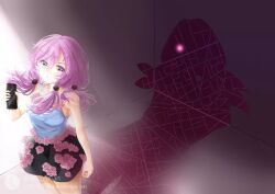  1girl 1other black_skirt blue_tank_top cellphone chinese_commentary commentary commentary_request flower flower_ornament hair_bobbles hair_ornament hanamiyurian hirose_yasuho holding holding_phone jojo_no_kimyou_na_bouken jojolion long_hair looking_at_viewer map_print paisley_park_(stand) phone pink_eyes pink_flower pink_hair pink_rose rose shadow skirt smartphone solo stand_(jojo) tank_top violet_eyes 