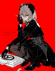  1boy akechi_goro between_fingers black_choker black_corset black_dress black_gloves black_hairband black_pantyhose black_shoes briefcase brown_hair chinese_commentary choker cigarette commentary_request corset crossdressing crossdressing_(mtf) dress expressionless frilled_hairband frills full_body gloves gothic_lolita hair_between_eyes hairband hand_up highres holding holding_cigarette holding_lighter juliet_sleeves kaninn lighter lolita_fashion lolita_hairband long_sleeves looking_at_viewer male_focus medium_hair pantyhose persona persona_5 persona_5_the_royal puffy_sleeves receipt shoes short_hair solo squatting 