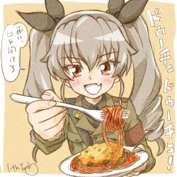  1girl anchovy_(girls_und_panzer) anzio_military_uniform armband black_bow blush bow commentary_request drill_hair fangs folder food fork girls_und_panzer green_hair grey_jacket hair_bow highres holding holding_folder jacket kenjiru long_hair open_mouth pasta red_armband red_eyes shoulder_belt skin_fangs spaghetti speech_bubble twin_drills twintails upper_body 