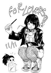  ! 2girls absurdres audio_jack black_jacket boku_no_hero_academia box chibi dated diagonal_bangs english_text fishnets food hair_pulled_back headphones headphones_around_neck highres holding holding_food holding_pocky in_box in_container jacket jiro_kyoka leather leather_jacket long_earlobes looking_at_another looking_down medium_hair monochrome multiple_girls open_mouth pocky ponytail shirt short_hair shorts sidelocks simple_background solid_circle_eyes squatting teeth tiptoes white_background wide-eyed yaoyorozu_momo yozo_(user_mvjr8222) 