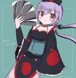  1girl 2girls closed_mouth commentary_request fan_lit_fan_(mahoiku) frilled_sleeves frills hair_ornament hand_fan hat highres holding holding_fan long_hair magical_girl mahou_shoujo_ikusei_keikaku mahou_shoujo_ikusei_keikaku_f2p multiple_girls pink_eyes purple_hair v8y_vkaname wide_sleeves 