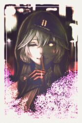  1girl black_background black_groza_(girls'_frontline_2) black_hoodie border finger_to_mouth girls'_frontline_2:_exilium girls_frontline gloves glowing glowing_eyes highres hood hoodie jhands_onpc long_hair looking_at_viewer one_eye_closed ots-14_(girls'_frontline) portrait red_gloves shushing simple_background solo white_border white_hair 