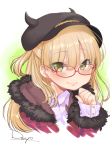  1girl blonde_hair blush dancho_(dancyo) earrings fang fang_out fur_trim glasses green_eyes hat highres horns idolmaster idolmaster_cinderella_girls jewelry jougasaki_rika lips long_hair looking_at_viewer sketch smile solo upper_body 