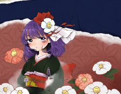  1girl album_cover back_bow black_kimono blush bow commentary_request cover flower hair_flower hair_ornament hair_ribbon hieda_no_akyuu highres japanese_clothes kimono light_frown lips long_sleeves medium_hair muzukite obi obiage obijime purple_hair red_background red_bow red_ribbon red_sash ribbon sash solo touhou upper_body violet_eyes white_flower 