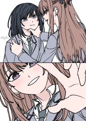  2girls :t a_jak black_hair black_ribbon blush braid brown_eyes brown_hair grabbing_another's_chin grey_eyes grey_necktie hair_ribbon half_up_braid hand_on_another's_chin highres long_hair long_sleeves medium_hair miyagi_shiori multiple_girls necktie ribbon school_uniform sendai_hazuki shuuniichido_classmate_wo_kau_hanashi simple_background smile twitter_username upper_body white_background yuri 