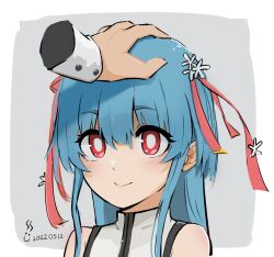  1girl 1other artist_logo bare_shoulders blue_hair blush bright_pupils commentary dated demons_roots_(series) flower hair_flower hair_ornament hair_ribbon hand_on_another's_head happy headpat highres king_exit logo long_hair looking_ahead pink_ribbon portrait red_eyes ribbon sidelocks simple_background sleeveless sleeveless_turtleneck solo_focus stiara_(king_exit) straight_hair turtleneck white_pupils yuedengyuhao 