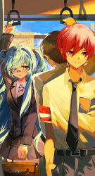  1girl 2boys akabane_karma ansatsu_kyoushitsu armband asha_zahard bag bandaid bandaid_on_face bandaid_on_nose belt black_belt black_necktie blue_eyes blue_hair book brown_hair closed_mouth clouds collared_shirt commentary_request grey_pants heterochromia highres holding holding_book koro-sensei kunugigaoka_middle_school_uniform multiple_boys necktie oc_x_canon orange_eyes original pants red_hair school_bag school_uniform shirt skirt thumb_in_pocket train_interior translation_request violet_eyes white_shirt 