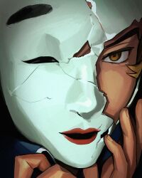  1boy absurdres ace_attorney black_background black_shirt blonde_hair bobby_fulbright brown_eyes collared_shirt covered_mouth cracked_kawaii_mask cracked_mask eyelashes fingernails hands_on_own_face high_collar highres looking_ahead male_focus mask noh_mask one_eye_covered phoenix_wright:_ace_attorney_-_dual_destinies portrait saman_zero7 shirt short_hair spoilers 