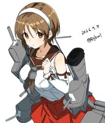 1girl absurdres bare_shoulders bigkwl blush breasts brown_eyes brown_hair brown_neckerchief brown_sailor_collar collarbone commentary cowboy_shot dated dated_commentary detached_sleeves hair_between_eyes hairband hand_up highres kantai_collection large_breasts long_sleeves looking_at_viewer natori_(kancolle) neckerchief parted_lips pleated_skirt red_skirt rigging sailor_collar shirt short_hair sidelocks simple_background skirt solo twitter_username white_background white_hairband white_shirt white_sleeves 