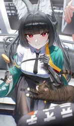  2girls absurdres animal_ears aqua_jacket arch_a4 belle_(zenless_zone_zero) black_gloves black_necktie black_pantyhose black_skirt blunt_bangs blush breasts cat collared_shirt commentary fingerless_gloves fox_ears fox_girl gauntlets gloves high-waist_skirt highres hoshimi_miyabi jacket large_breasts long_hair looking_at_viewer multiple_girls necktie open_clothes open_jacket pantyhose pink_nails red_eyes shirt single_fingerless_glove single_gauntlet sitting skirt smile white_shirt zenless_zone_zero 