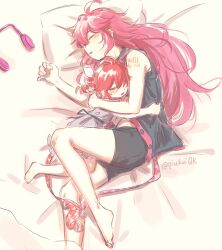  2girls artist_name black_shirt black_shorts child closed_eyes commentary_request dress drill_hair grey_dress hair_undone headphones highres hug kasane_teto kasane_teto_(sv) kasane_teto_(utau) lying multiple_girls number_tattoo on_side open_mouth pillow qiukui red_hair shirt shorts shoulder_tattoo sleeping sleeveless sleeveless_shirt synthesizer_v tattoo utau 