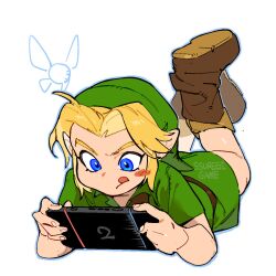  1boy 1girl :q artist_name belt blonde_hair blue_eyes blue_outline blush_stickers boots brown_belt brown_boots child commentary_request curtained_hair fairy full_body green_hat green_tunic handheld_game_console hat highres holding holding_handheld_game_console korean_commentary leather leather_boots legs_up link looking_at_object looking_down lying male_focus navi nintendo_switch_2 on_stomach outline parted_hair phrygian_cap playing_games playing_video_games pointy_ears short_hair sidelocks simple_background ssuregigame the_legend_of_zelda the_legend_of_zelda:_ocarina_of_time tongue tongue_out tunic v-shaped_eyebrows white_background young_link 