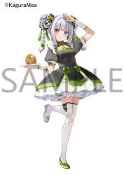  1girl :q arm_up black_dress blue_eyes blush braid brown_eyes closed_mouth double_bun dress food food_request full_body green_nails green_shoes grey_hair hair_bun heterochromia holding holding_plate kagura_gumi kagura_mea nail_polish natsume_eri official_art plate puffy_short_sleeves puffy_sleeves salute sample_watermark shoes short_sleeves simple_background smile solo standing standing_on_one_leg thigh-highs tongue tongue_out twin_braids twintails virtual_youtuber watermark white_background white_thighhighs 