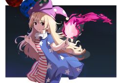  1girl absurdres american_flag american_flag_dress american_flag_print balloon blonde_hair closed_mouth clownpiece commentary_request dress fairy fairy_wings flag_print hat highres holding holding_balloon holding_torch jester_cap long_hair looking_at_viewer neck_ruff polka_dot_headwear print_skirt purple_hat red_eyes short_sleeves skirt smile solo star_(symbol) star_print striped_clothes striped_dress torch touhou uri_(idc9nvuwtp83298) very_long_hair wings 