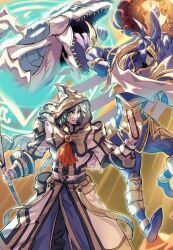  2boys aleister_(yu-gi-oh!) aleister_the_invoker armor black_luster_soldier book character_request check_character dragon duel_monster gloves green_hair helmet highres holding holding_book holding_shield holding_sword holding_weapon hood hooded_coat looking_to_the_side mage_staff magic_circle monocle multicolored_hair multiple_boys shield staff stardust_dragon sword vincent_graphic_art weapon white_gloves white_hair yu-gi-oh! 