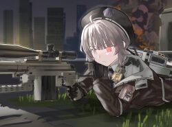 ahoge aiming asakiri_koko beret black_gloves black_hat bolt_action brown_jacket building cheyanne_(girls'_frontline_2) cheytac_m200 city collared_shirt commentary_request girls'_frontline_2:_exilium girls_frontline gloves grey_hair gun hat highres jacket m200_(girls'_frontline) necktie night open_clothes open_jacket outdoors radio rifle scope shirt skyscraper sniper_rifle upper_body urban violet_eyes weapon white_shirt 