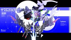  1girl abstract_background absurdres arknights arknights:_endfield barcode black_gloves black_overskirt black_thighhighs bow_(weapon) commentary compound_bow detached_sleeves elevation_contour_lines english_text gloves highres holding holding_bow_(weapon) holding_weapon horns huge_weapon purple_hair purple_horns sakuratani_hane solo tail thigh-highs typhoeus_(arknights) typhon_(arknights) weapon 
