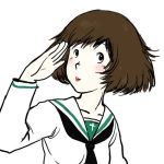  akiyama_yukari black_eyes brown_hair george_akiyama_(style) girls_und_panzer lipstick lowres makeup messy_hair nagaoka_kenzou parody pun salute school_uniform serafuku short_hair simple_background solo style_parody white_background 