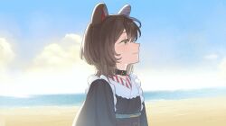  1girl aji_(eatfishfly) animal_collar animal_ears beach birthday black_kimono collar commentary_request dog_ears dog_girl from_side inui_toko inui_toko_(1st_costume) japanese_clothes kimono medium_hair nijisanji smile solo virtual_youtuber yellow_eyes 