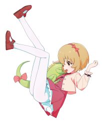  1girl ass blonde_hair bow brown_eyes brown_hair dress full_body hairband highres idolmaster idolmaster_cinderella_girls jacket koga_koharu legs_up long_sleeves mary_janes one_eye_closed open_mouth pantyhose pink_dress red_bow shoes short_hair simple_background solo tail traffic_(ntraffic1) white_background white_pantyhose 