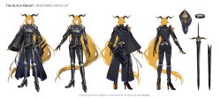  1girl animal_ears arknights armor artist_name black_gloves blonde_hair clothing_request commentary couter cuirass cuisses degenbrecher_(arknights) english_commentary faulds full_body gloves goat_ears goat_girl greaves helen_zzhao horns long_hair looking_at_viewer multicolored_gloves multiple_views open_mouth pauldrons plackart reference_sheet rerebrace sabaton shoulder_armor simple_background solo sword two-tone_gloves vambraces weapon white_background yellow_eyes 