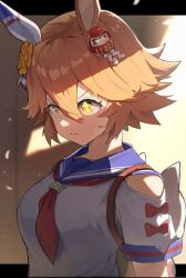  +_+ 1girl animal_ears blue_sailor_collar clothing_cutout clover_hair_ornament daruma_doll ear_covers four-leaf_clover_hair_ornament hair_between_eyes hair_ornament highres horse_ears horse_girl matikanefukukitaru_(rising_fortune)_(umamusume) matikanefukukitaru_(umamusume) neckerchief no_842 orange_eyes orange_hair red_neckerchief sailor_collar school_uniform serafuku serious shirt short_sleeves shoulder_cutout single_ear_cover solo umamusume upper_body white_shirt 