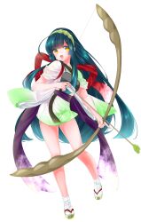  1girl :d absurdres ahoge arrow_(projectile) bow_(weapon) brown_sandals edomura_niniko full_body gradient_clothes gradient_kimono green_hair green_hairband green_kimono hairband highres holding holding_bow_(weapon) holding_weapon japanese_clothes kimono long_hair looking_at_viewer official_art okobo open_mouth platform_sandals sandals short_kimono short_sleeves simple_background smile solo standing standing_on_one_leg tabi touhoku_zunko transparent_background two-tone_kimono very_long_hair voiceroid weapon white_kimono yellow_eyes 