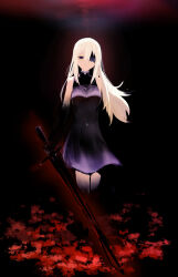  1girl absurdres bare_shoulders blonde_hair blood blood_on_ground blue_eyes breasts closed_mouth colored_extremities corruption dark_background demons_roots_(series) dress empty_eyes english_commentary glowing glowing_sword glowing_weapon greatsword guine_(king_exit) highres holding holding_sword holding_weapon king_exit large_breasts long_hair shadow single_thighhigh sketch solo standing sword thigh-highs turtleneck turtleneck_dress uof weapon 