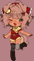  1girl :3 ahoge animal_ears apple_hair_ornament asymmetrical_legwear belt black_boots black_thighhighs blush_stickers boots bow buttons chibi chibi_only collared_shirt dark-skinned_female dark_skin dog_ears dog_girl dog_tail dress english_commentary fang food-themed_hair_ornament freckles frilled_bow frilled_shirt_collar frills green_eyes grey_thighhighs hair_bow hair_intakes hair_ornament hair_ribbon highres j2citrus leg_up messy_hair mismatched_legwear mismatched_thighhighs one_eye_closed open_mouth original pinafore_dress plaid_clothes plaid_shirt red_belt red_bow red_dress red_ribbon ribbon shirt short_hair sleeveless sleeveless_dress solo tail thigh-highs yellow_nails yellow_shirt 
