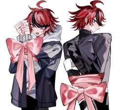 1boy ahoge black_streaks bound bound_arms gakuran grey_jacket highres hood hoodie huge_bow jacket jacket_over_hoodie last_defense_academy_school_uniform long_sleeves looking_at_viewer looking_back male_focus medium_hair multicolored_hair multiple_views open_mouth red_hair restrained school_uniform simple_background streaked_hair sumino_takumi sweatdrop teeth the_hundred_line_-last_defense_academy- upper_teeth_only violet_eyes white_background white_hoodie wwei11501 