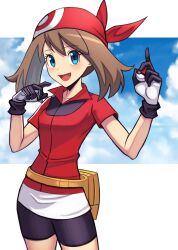  1girl absurdres bandana belt_bag bike_shorts bike_shorts_under_shorts blue_eyes blue_sky blush breasts brown_hair clouds commentary fanny_pack gloves highres holding looking_at_viewer may_(pokemon) open_mouth pokemon pokemon_ruby/sapphire/emerald red_bandana red_shirt shirt short_sleeves shorts shorts_under_shorts silverchariotx sky small_breasts smile solo white_gloves 