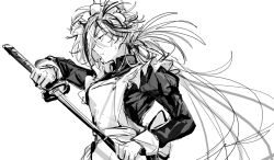  1girl alternate_costume apron crossdressing drawing_sword dress enmaided fate/grand_order fate_(series) frills from_side genderswap genderswap_(mtf) greyscale highres holding holding_sheath holding_sword holding_weapon juliet_sleeves katana long_hair long_sleeves low_ponytail maid maid_apron maid_headdress monochrome multicolored_hair ponytail profile puffy_sleeves sheath simple_background sketch solo streaked_hair sword takasugi_shinsaku_(fate) tyoookozuki unsheathing upper_body very_long_hair weapon white_background 