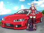  1girl breasts car commentary_request komoriuta long_hair looking_at_viewer motor_vehicle nissan_s15_silvia original personification skirt smile solo vehicle 