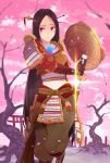  1girl amaterasu_(smite) armor baggy_pants black_hair cherry cherry_blossoms food fruit hair_ornament highres hsin katana lens_flare long_hair looking_at_viewer pants red_eyes sheath shield smile smite solo sword unsheathing very_long_hair weapon 