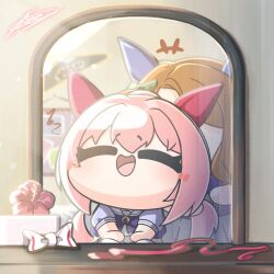  2girls animal_ears blush bow bowtie brown_hair chibi closed_eyes commentary ear_bow ear_covers ear_ribbon green_bow haru_urara_(umamusume) headband highres horse_ears horse_girl horse_tail king_halo_(umamusume) kuroij long_hair mirror multiple_girls open_mouth pink_hair pink_headband pleated_skirt puffy_short_sleeves puffy_sleeves purple_bow purple_bowtie purple_shirt red_headband reflection reflection_focus sailor_collar sailor_shirt school_uniform shirt short_sleeves sitting skirt smile tail tracen_school_uniform umamusume untranslatable_commentary white_sailor_collar white_skirt 