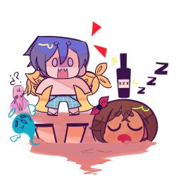  2boys 4girls ? alcohol beer_bottle blue_hair blue_shorts bottle bow brown_hair chibi chibi_only drooling ghost hair_bow hatsune_miku highres kagamine_len kagamine_rin kaito_(vocaloid) megurine_luka meiko_(vocaloid) multiple_boys multiple_girls o_o open_mouth quicksand rainelyn00 red_bow sandals shorts simple_background sleeping spanish_commentary topless_male vocaloid wavy_mouth white_background zzz 