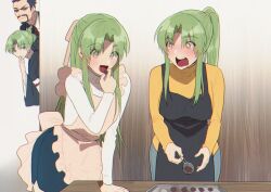  1boy 3girls absurdres apron beard black_apron black_hair black_kimono blue_skirt blush chocolate chocolate_making commentary_request denim earrings facial_hair food frilled_apron frills green_eyes green_hair hair_ribbon highres higurashi_no_naku_koro_ni holding holding_chocolate holding_food japanese_clothes jeans jewelry kasai_tatsuyoshi kimono long_hair long_sleeves momoka_(abc_momoka0718) mother_and_child mother_and_daughter multiple_girls open_mouth pants parent_and_child parted_bangs pink_apron ponytail ribbon shirt siblings sisters skirt sonozaki_akane sonozaki_mion sonozaki_shion sunglasses sweater teeth twins upper_teeth_only white_sweater yellow_ribbon yellow_shirt 
