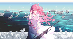  1girl absurdres ai_arctic_warfare alternate_costume arknights bolt_action bracelet breasts bullet_earrings chinese_commentary collarbone commentary_request cross-laced_clothes cross-laced_dress detached_wings dress earrings energy_wings exusiai_(apple)_(arknights) exusiai_(arknights) feet_out_of_frame fish floating_hair flying_fish gun halo hand_in_own_hair highres horizon incredibly_absurdres jewelry lemuen_(arknights) long_hair medium_breasts ocean outdoors pendant pink_eyes rifle shenjin_0v0 smile sniper_rifle solo tetrapod traditional_halo wave_breaker weapon white_dress wings 