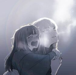  2girls araya_(project_moon) black_hair carrying closed_eyes holding_hands japanese_clothes kimono limbus_company long_hair looking_up mother_and_child mother_and_daughter multiple_girls parent_and_child piggyback project_moon ryoshu_(project_moon) simple_background tama_launcher 