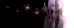  1girl bb_(fate) bb_(fate/extra) black_background black_coat coat commentary_request dual_persona fate/extra fate/extra_ccc fate_(series) frown hair_ribbon lab_coat long_hair matou_sakura matou_sakura_(fate/extra) narrowed_eyes neck_ribbon open_mouth petals pink_petals purple_hair red_ribbon ribbon sksk_sn09 split_theme tears violet_eyes white_background white_coat wide-eyed 