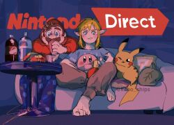  blonde_hair blue_eyes blush commentary_request couch food hood kirby kirby_(series) link long_hair male_focus mario nintendo_direct pikachu pointy_ears pokemon pokemon_(creature) short_hair simon_(kabo_chips) smile super_mario_bros. the_legend_of_zelda the_legend_of_zelda:_breath_of_the_wild the_legend_of_zelda:_tears_of_the_kingdom 