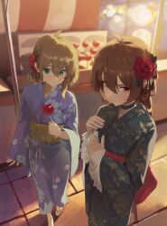  absurdres ahoge backlighting black_choker black_kimono blue_eyes braid broken_heart broken_heart_hair_ornament brown_hair candy_apple choker commentary evil_neuro-sama floral_print floral_print_kimono flower food from_above full_body hair_between_eyes hair_flower hair_ornament heart heart_hair_ornament highres holding holding_food japanese_clothes kimono light_blush long_hair long_sleeves looking_at_viewer market_stall mbkona neuro-sama obi outdoors print_kimono purple_kimono red_eyes sandals sash siblings twins untranslatable_commentary vedal_ai virtual_youtuber 
