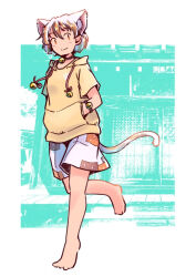  1girl alternate_costume animal_ears aqua_background barefoot bell border brown_streaks calico_(pattern) cat_ears cat_girl cat_tail closed_mouth commentary_request full_body goutokuji_mike hands_in_pocket hood hoodie jingle_bell leg_up looking_at_viewer multicolored_hair orange_streaks outside_border rangycrow short_hair shorts smile solo streaked_hair tail touhou white_border white_hair white_shorts yellow_hoodie |_| 