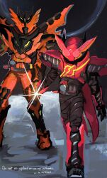 2boys absurdres animification armored_bodysuit build_driver commentary hazard_trigger highres kamen_rider kamen_rider_build kamen_rider_build_(rabbitrabbit_form) kamen_rider_build_(series) kamen_rider_cross-z kamen_rider_cross-z_magma male_focus multiple_boys standing tokusatsu twitter_username u_utosan untranslatable_commentary watermark 