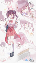  1girl absurdres animal_ears black_hair blue_archive breasts brown_hair doodle_sensei_(blue_archive) fang hair_between_eyes halo highres huge_breasts kaede_(blue_archive) multiple_views open_mouth pink_halo raccoon_ears raccoon_girl sensei_(blue_archive) short_hair skin_fang sushispin yellow_eyes 