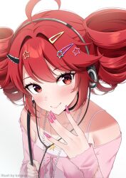  1girl ahoge artist_name bare_shoulders commentary drill_hair eyelashes fingernails hair_between_eyes hair_ornament hairclip headphones highres kasane_teto keipup lips long_fingernails looking_at_viewer pink_nails red_eyes red_hair shirt smile solo twin_drills upper_body utau 